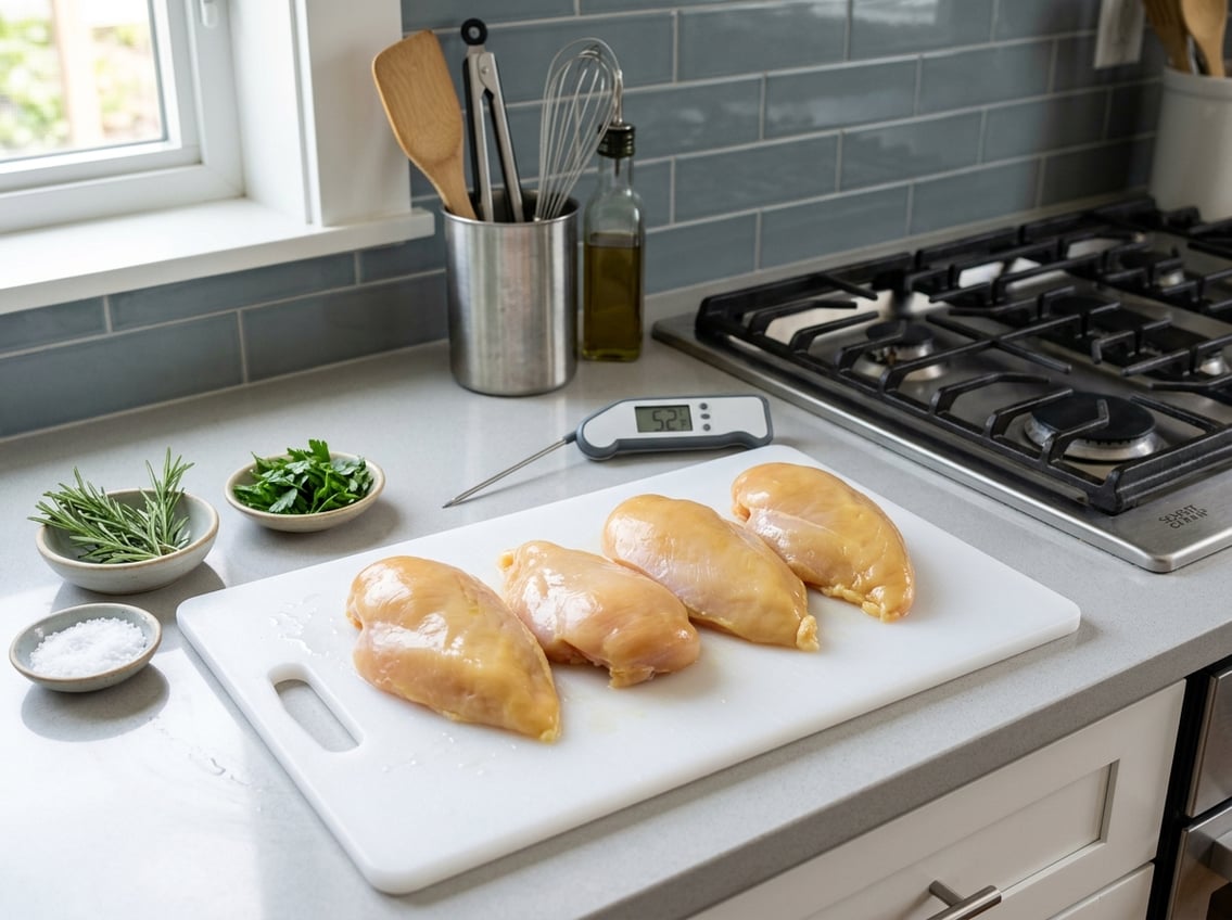 Raw chicken breasts with a yellow tint on a cutting board in a kitchen setting with herbs and a meat thermometer nearby.