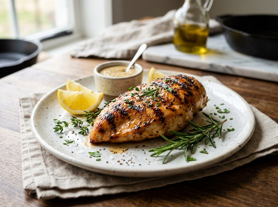 A plate with a juicy cooked chicken breast garnished with fresh herbs and lemon wedges on a kitchen countertop.
