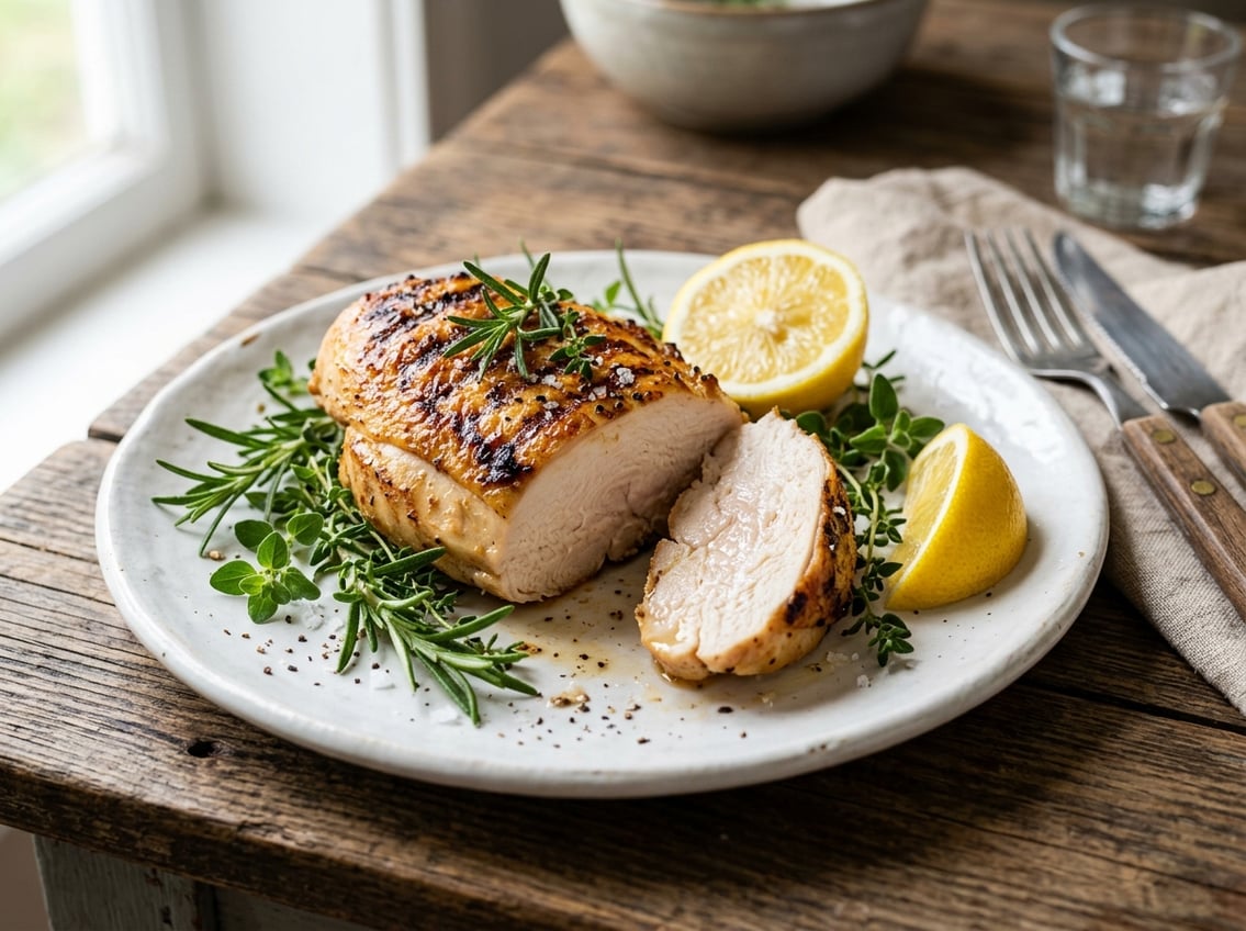 A sliced, golden brown chicken breast on a white plate garnished with herbs and lemon wedges on a wooden table.
