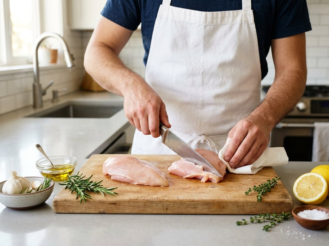 Hands preparing raw chicken breasts on a cutting board with fresh herbs and ingredients nearby in a kitchen.