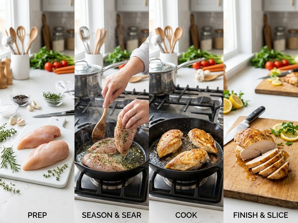 Four-step sequence showing raw chicken breasts, seasoning, cooking in a skillet, and sliced cooked chicken breast on a cutting board.