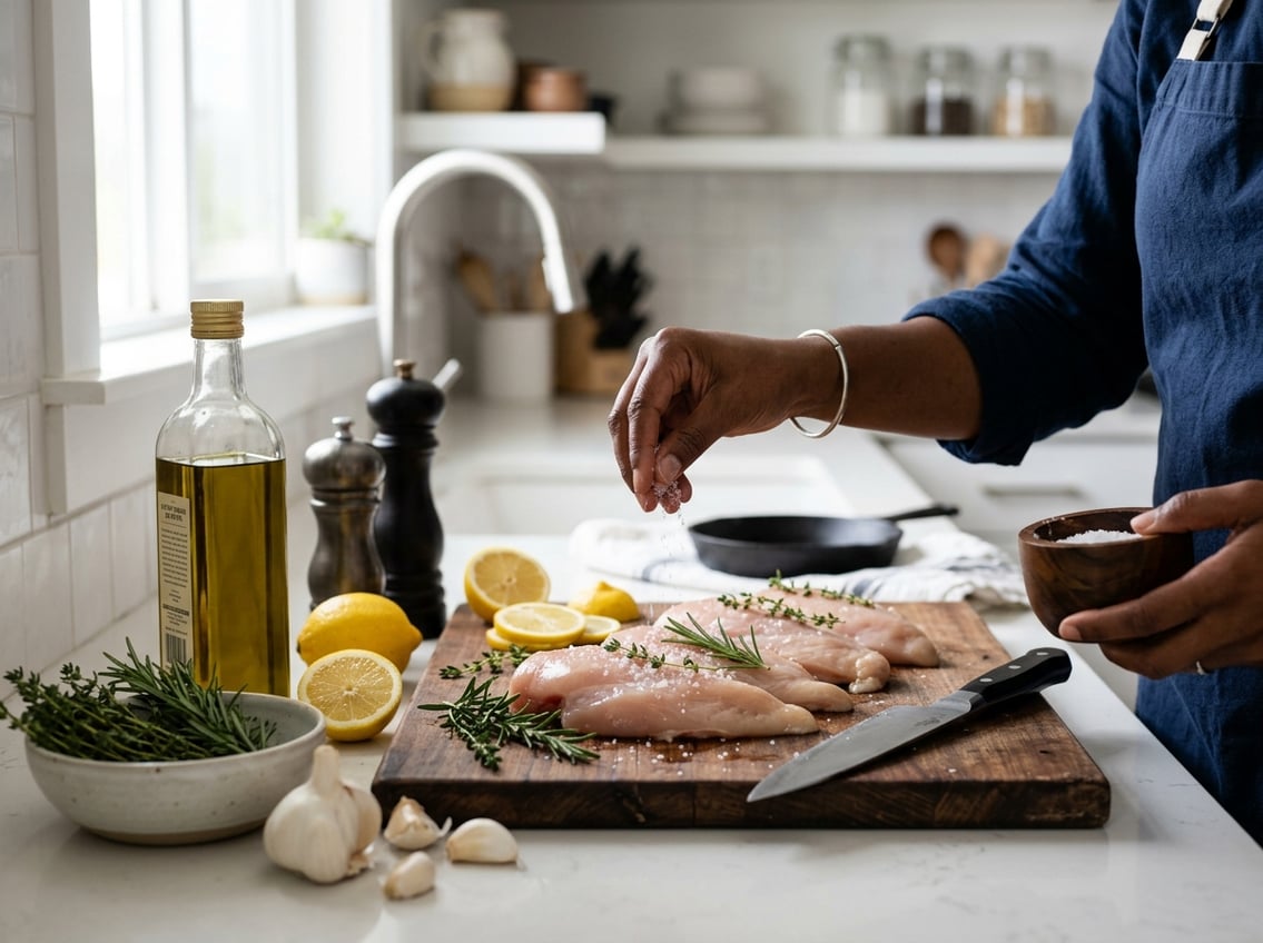 A kitchen countertop with raw chicken breasts on a cutting board surrounded by herbs, garlic, lemon slices, and cooking utensils, with a hand seasoning the chicken.