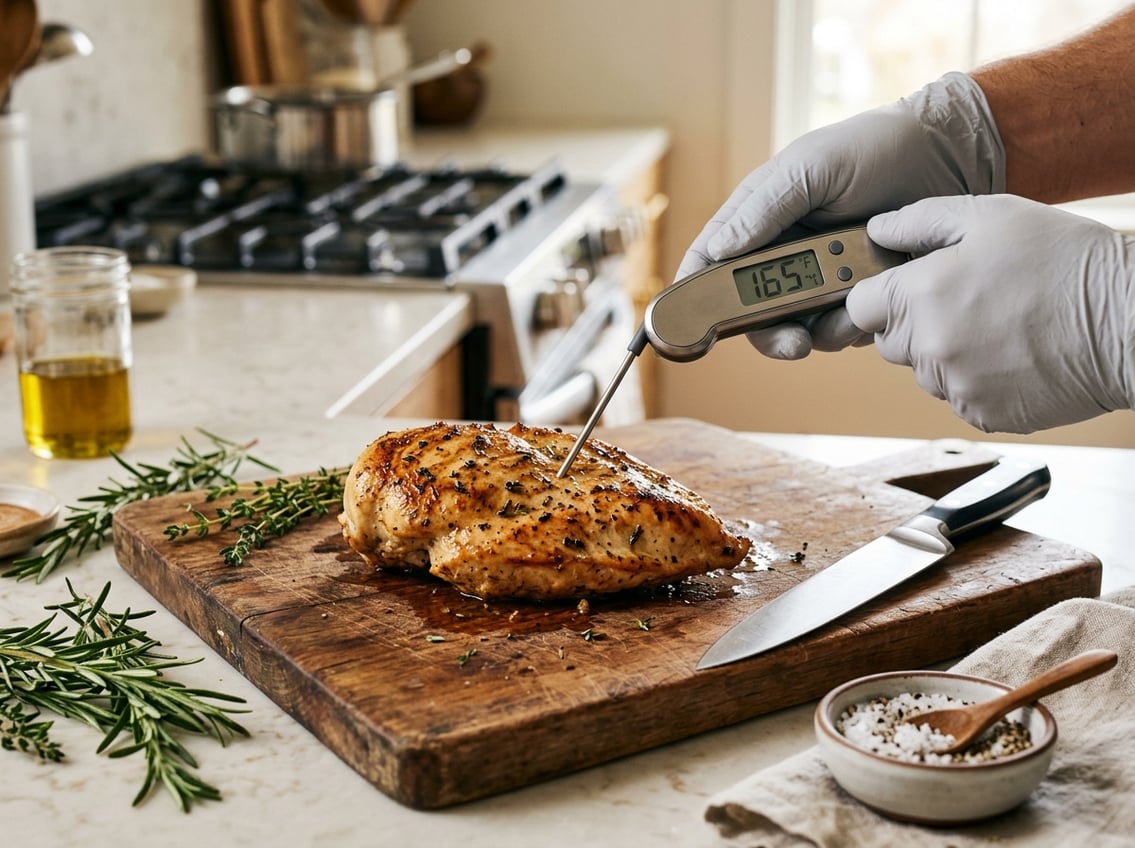 Hands checking the doneness of a cooked chicken breast with a meat thermometer on a wooden cutting board surrounded by herbs and kitchen tools.