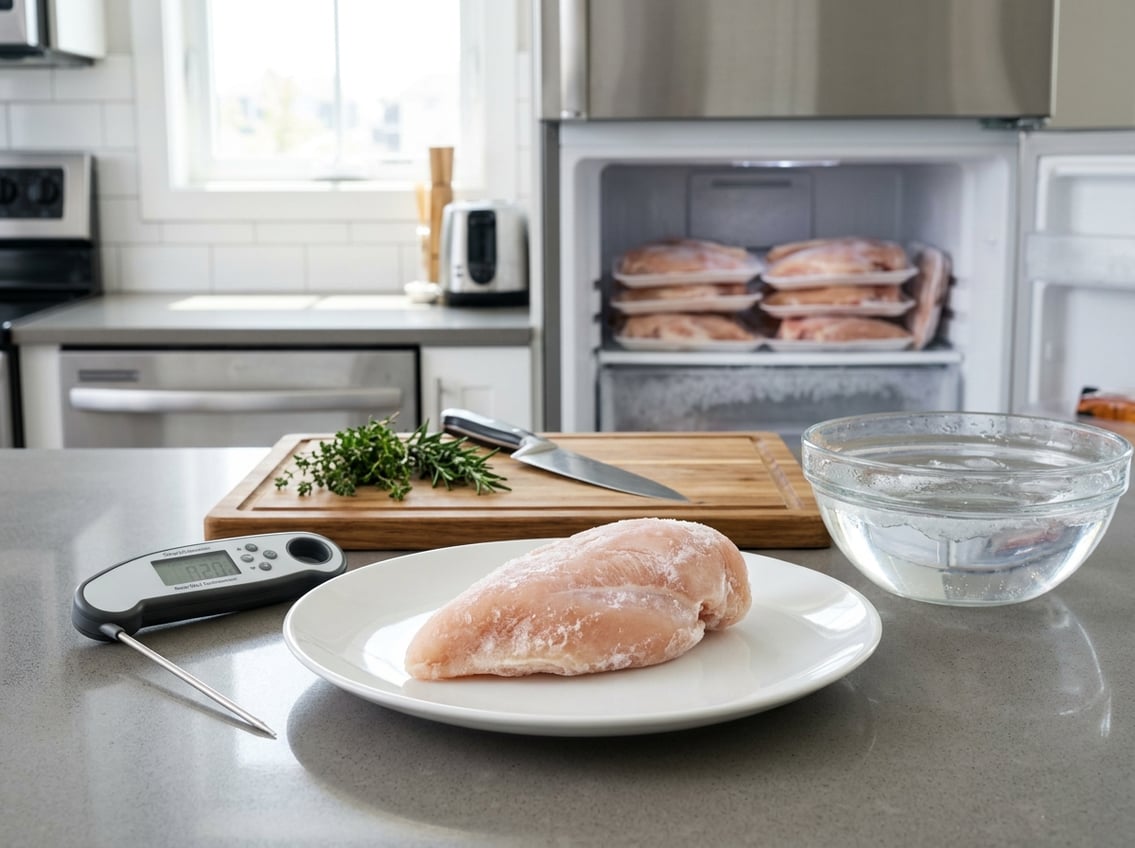 A frozen chicken breast on a plate with kitchen tools and an open refrigerator in the background.