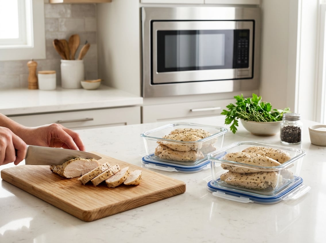 Cooked chicken breasts stored in clear containers on a kitchen countertop with sliced chicken on a cutting board and a microwave in the background.