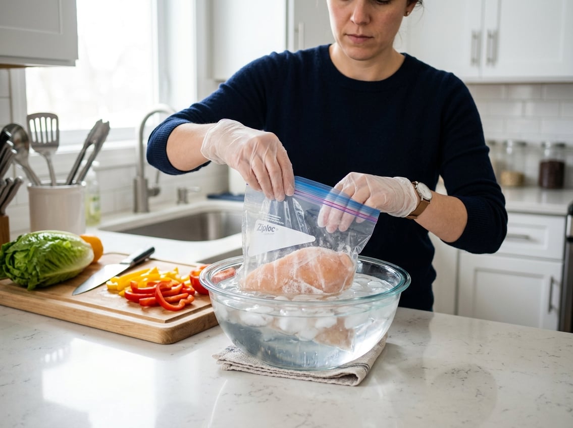 Hands wearing gloves thawing a frozen chicken breast in a sealed bag submerged in a bowl of water on a kitchen countertop.