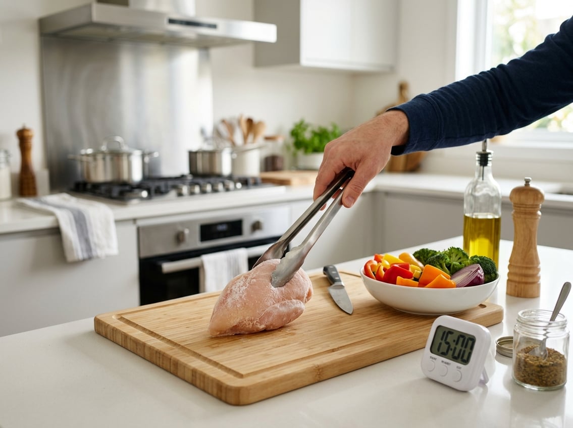 Hands preparing frozen chicken breast on a cutting board in a bright kitchen with fresh vegetables nearby.