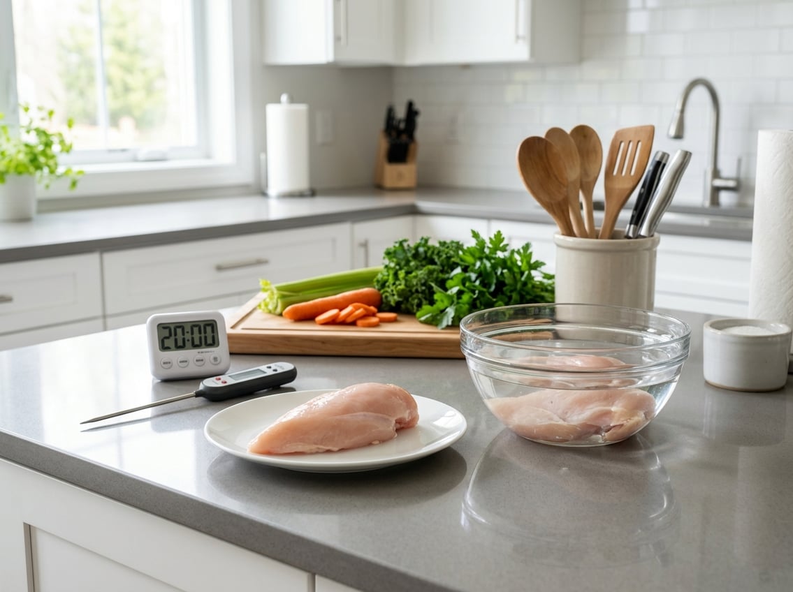 A kitchen countertop with a partially thawed chicken breast on a plate, a bowl of cold water, a kitchen timer, and a food thermometer surrounded by fresh vegetables and utensils.