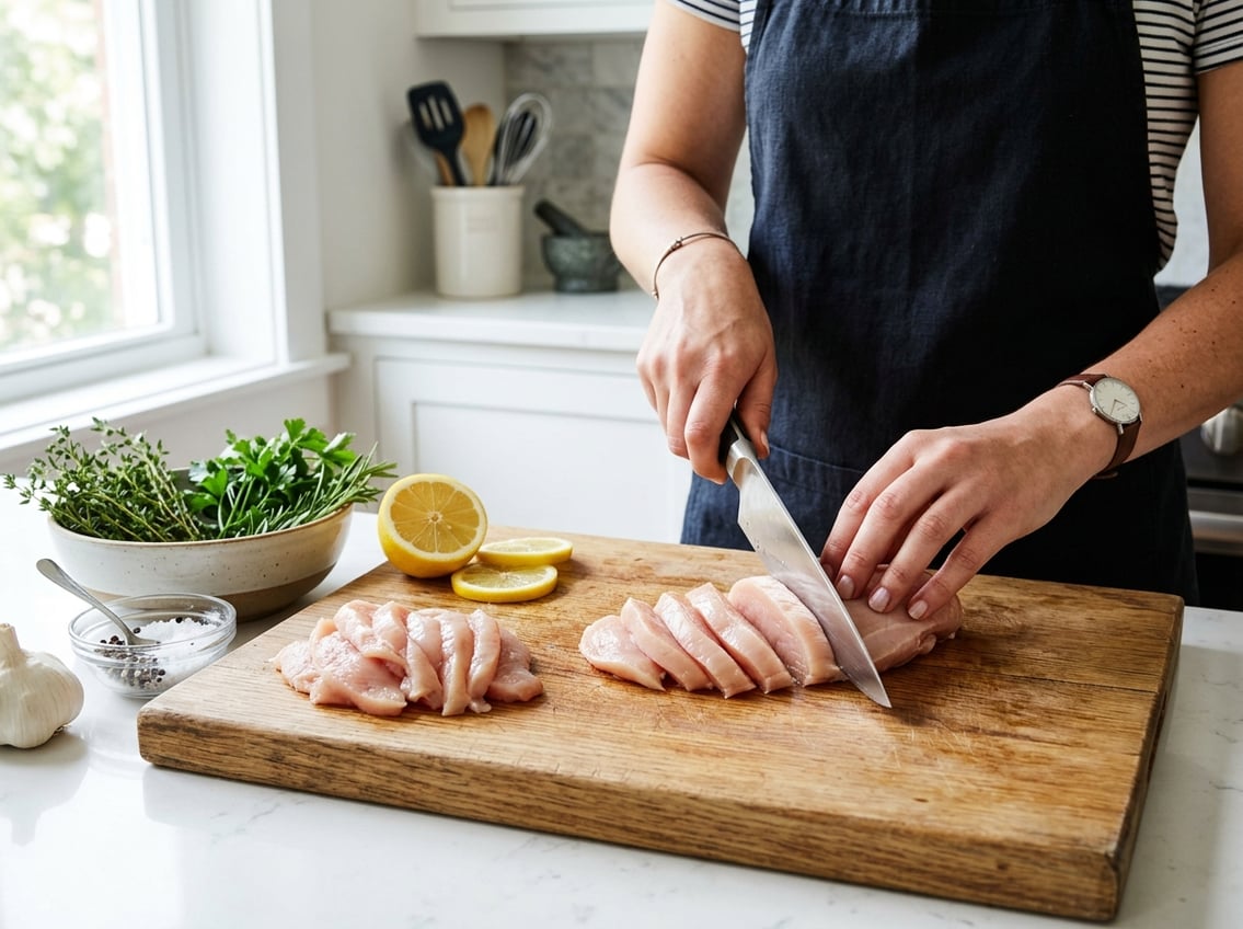 A person slicing a raw chicken breast into thin pieces on a wooden cutting board in a kitchen.
