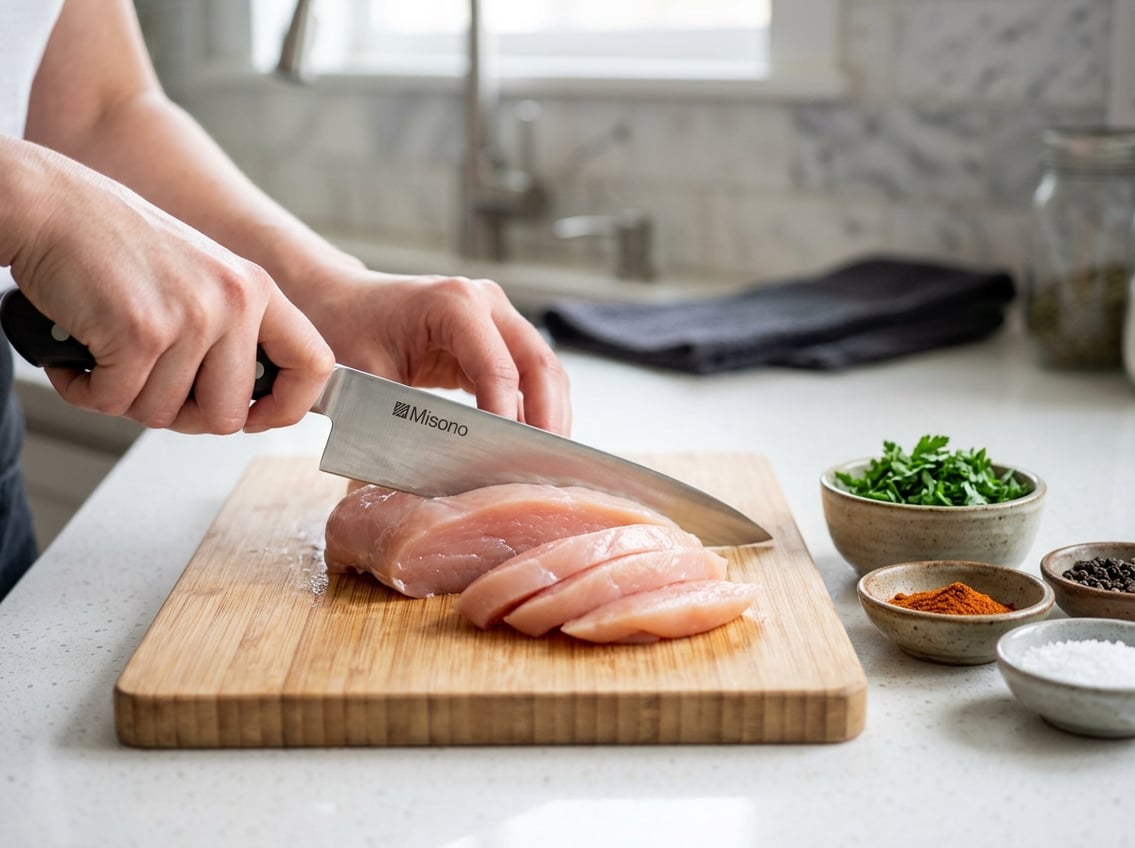 Close-up of hands slicing a raw chicken breast on a cutting board with bowls of herbs and spices nearby.