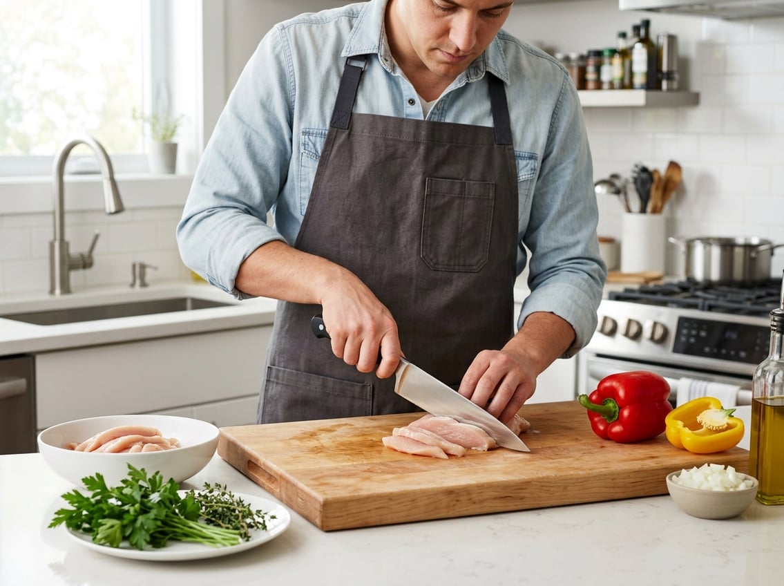Person cutting raw chicken breast on a wooden cutting board in a clean kitchen with fresh herbs nearby.