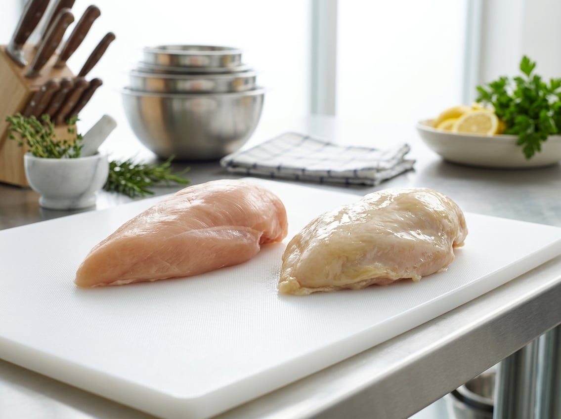 Two raw chicken breasts on a white cutting board, one fresh and one showing signs of sliminess, in a kitchen setting.