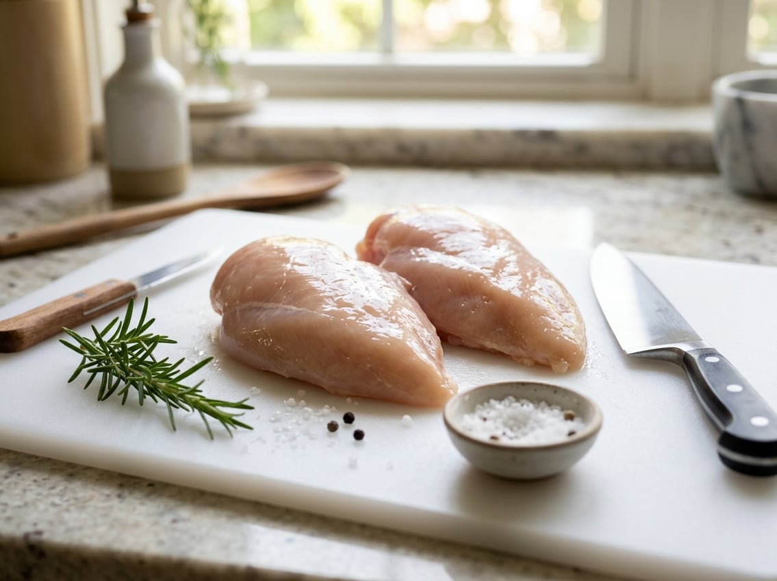 Close-up of raw chicken breasts with a shiny, wet texture on a white cutting board in a kitchen.