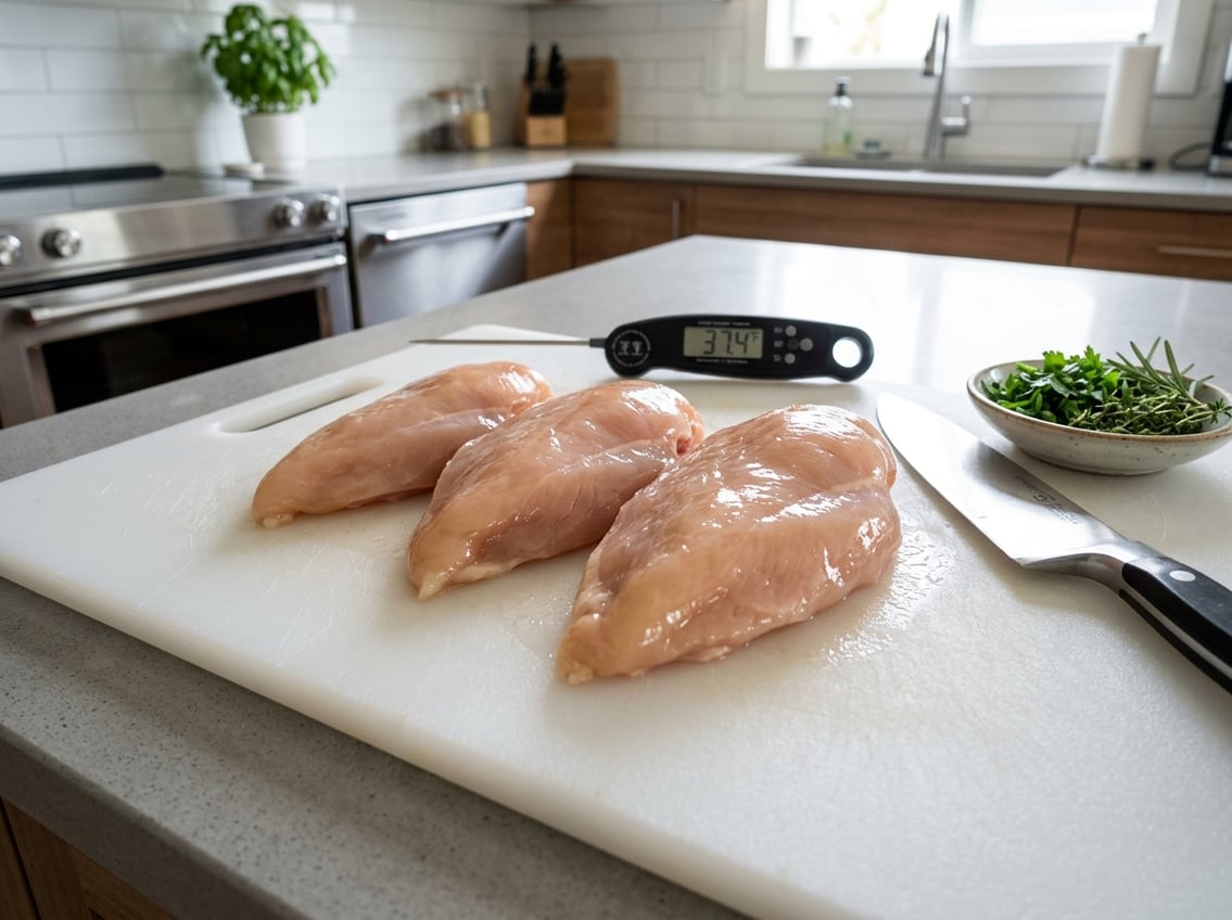 Close-up of raw chicken breasts on a cutting board in a kitchen with kitchen tools nearby.