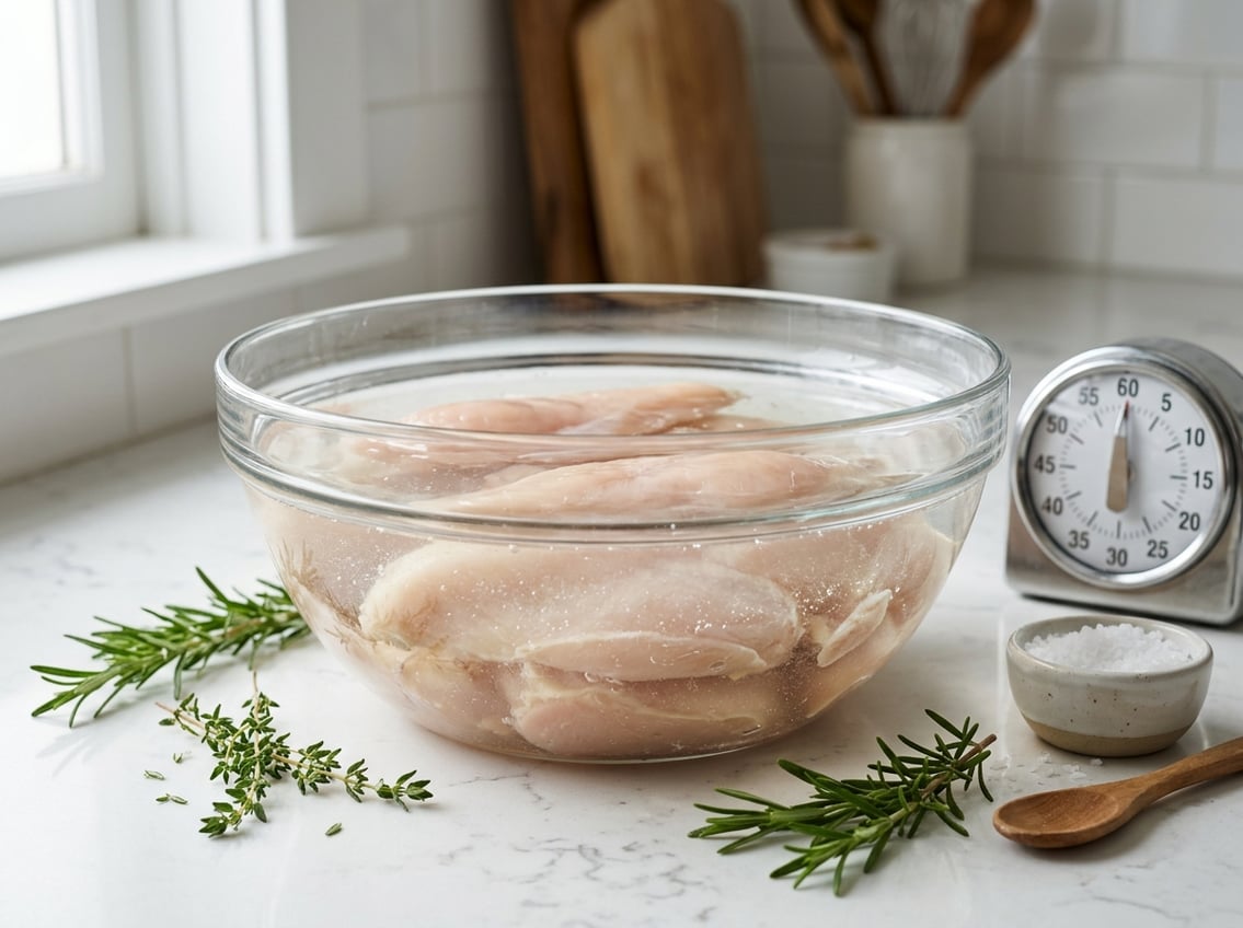 Close-up of raw chicken breasts soaking in a glass bowl of brine on a kitchen countertop with herbs and a timer nearby.