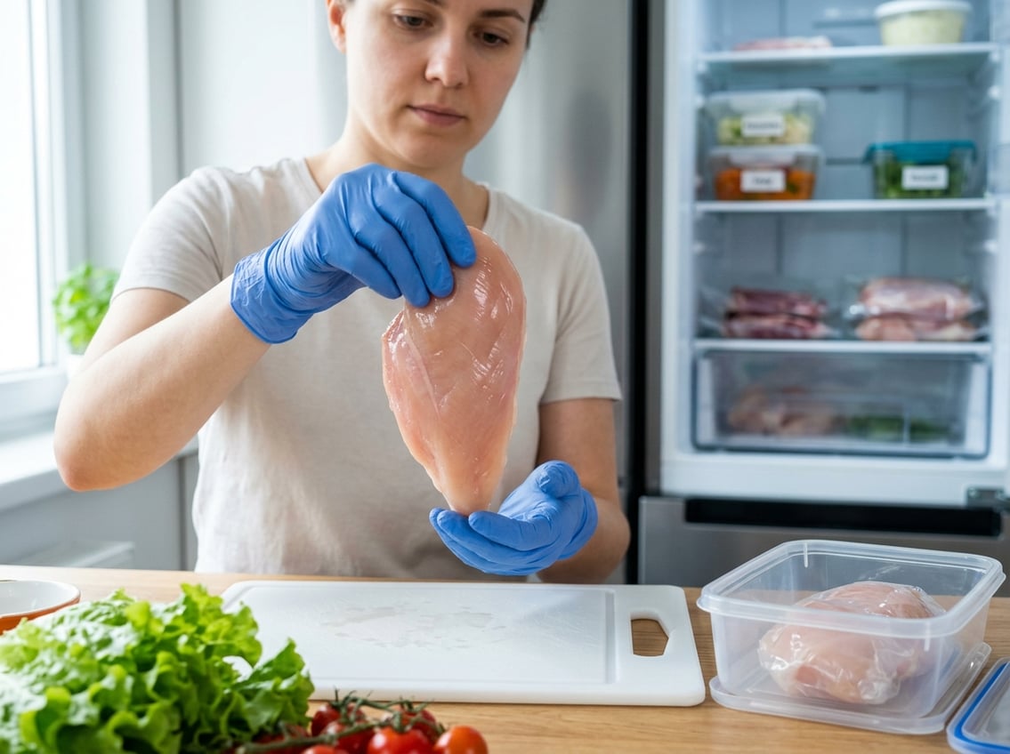 A person wearing gloves inspects a raw chicken breast over a cutting board in a clean kitchen with fresh vegetables and a refrigerator in the background.
