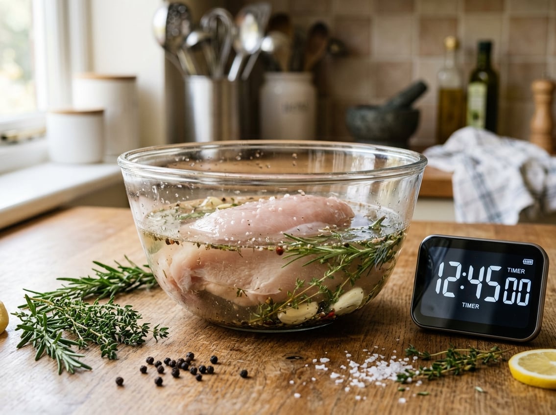 Raw chicken breast soaking in a glass bowl of brine on a wooden countertop with a kitchen timer nearby and fresh herbs around.