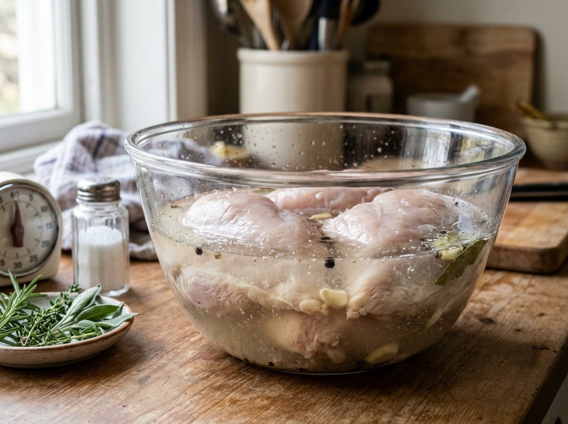 Close-up of raw chicken breasts soaking in a glass bowl filled with brine on a kitchen countertop.