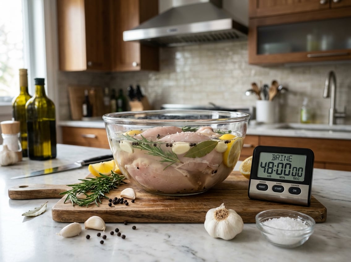 Raw chicken breasts soaking in a glass bowl of brine with fresh herbs and a kitchen timer nearby on a countertop.