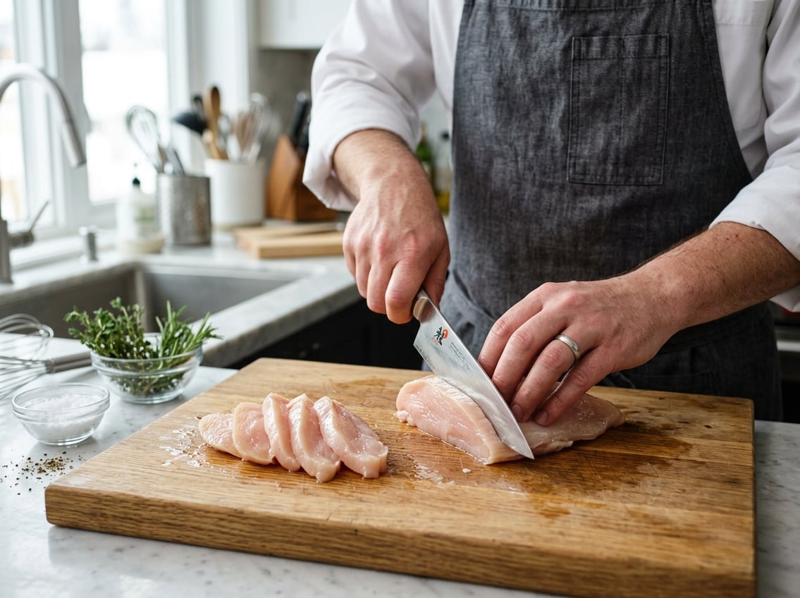 Close-up of hands slicing a raw chicken breast into even pieces on a wooden cutting board.