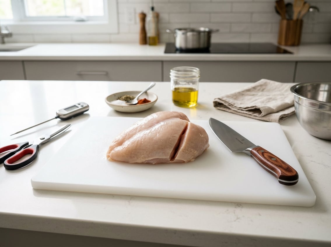 A kitchen workspace with a sharp knife, raw chicken breast on a cutting board, and various kitchen tools arranged neatly.