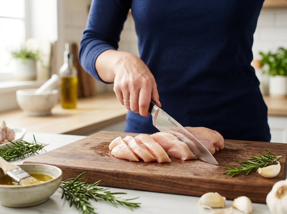A person slicing a raw chicken breast on a wooden cutting board with fresh herbs and garlic nearby.