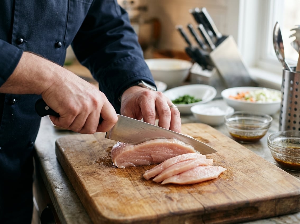 Close-up of hands slicing a raw chicken breast on a wooden cutting board in a kitchen.