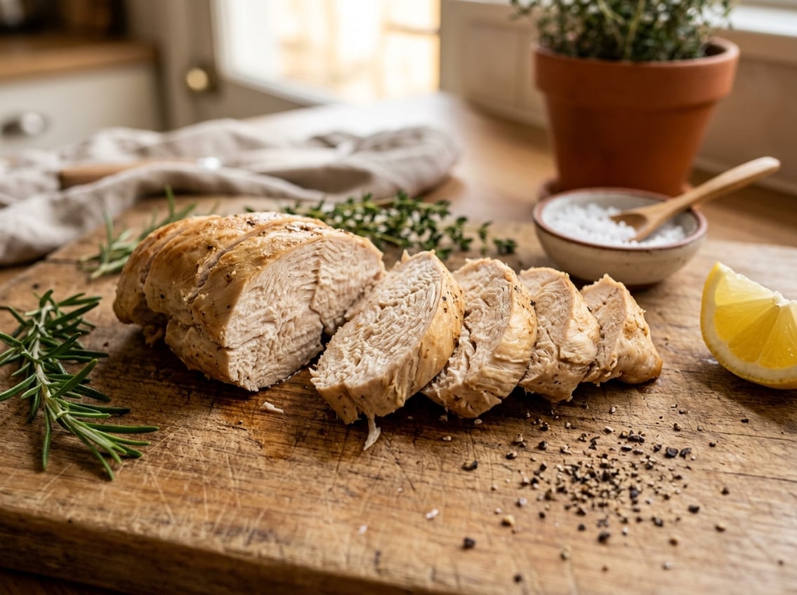Close-up of sliced cooked chicken breast on a wooden cutting board with herbs and lemon wedge nearby.