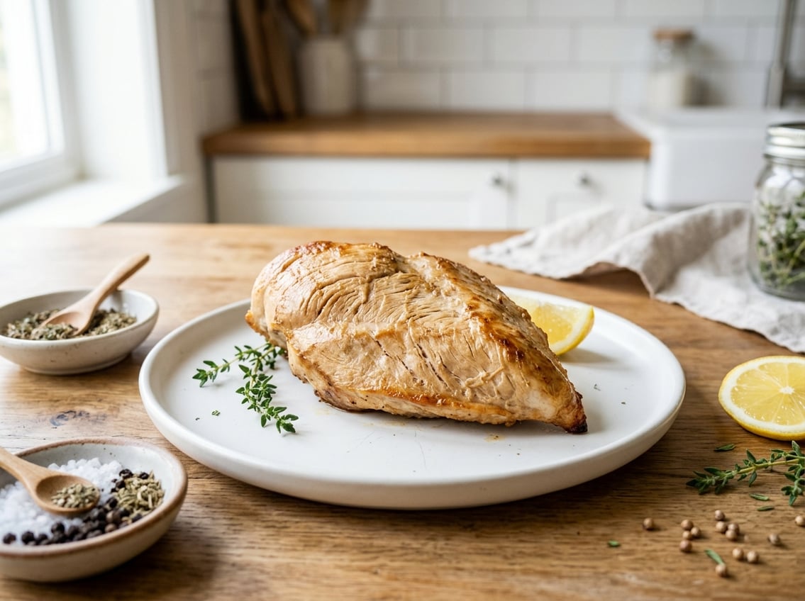 Close-up of a cooked chicken breast on a white plate with herbs and lemon slices on a kitchen counter.