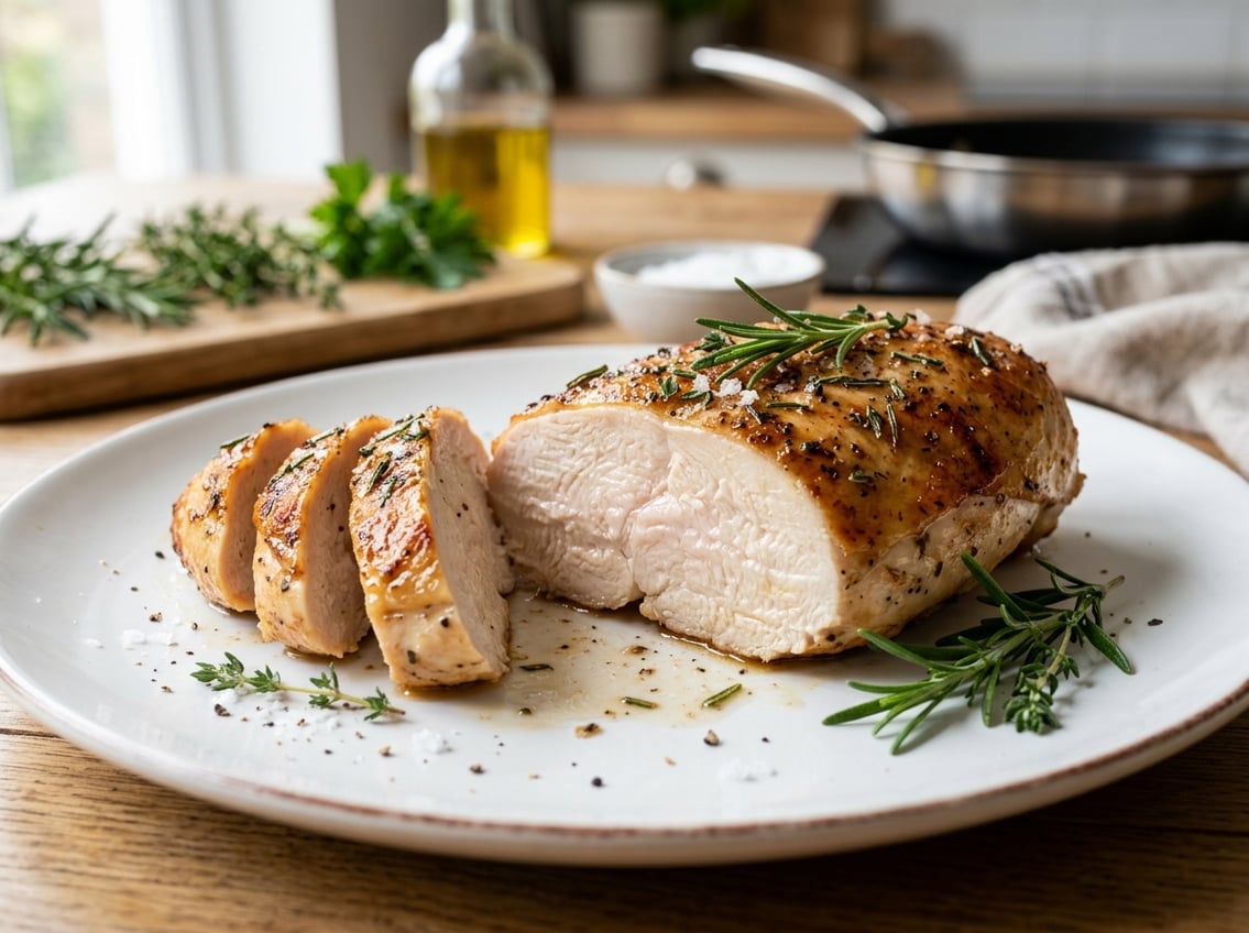 A close-up of a sliced, juicy chicken breast on a white plate with fresh herbs in a kitchen setting.