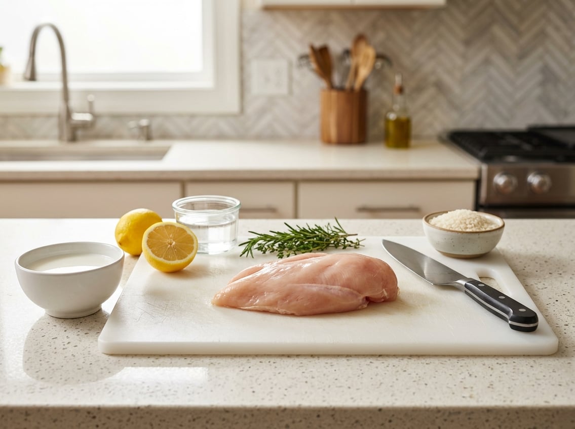 A raw chicken breast on a cutting board with milk, lemon, herbs, and water nearby on a kitchen countertop.