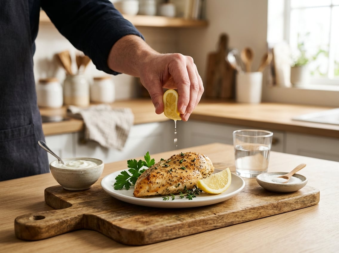 A cooked chicken breast on a plate with fresh herbs, lemon wedge, yogurt, and kitchen tools arranged on a countertop.