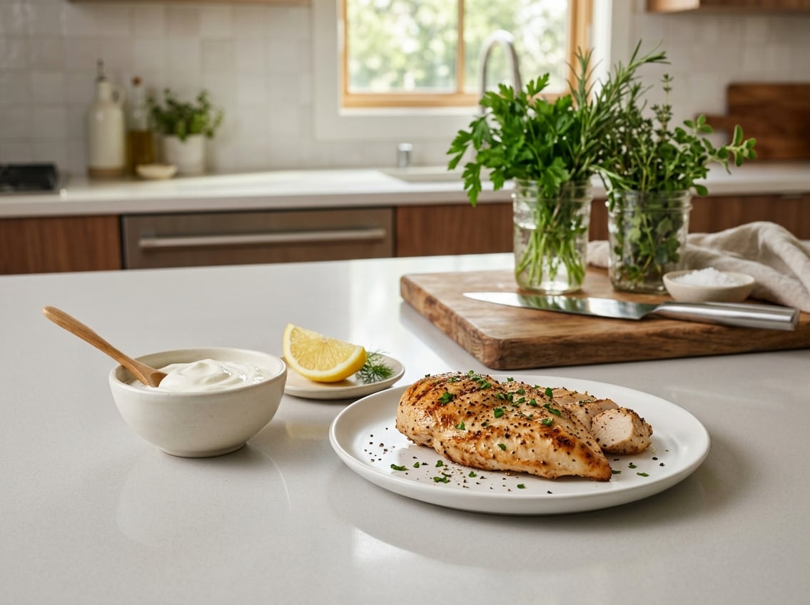 A cooked chicken breast on a plate with a bowl of yogurt and a lemon wedge on a kitchen countertop.