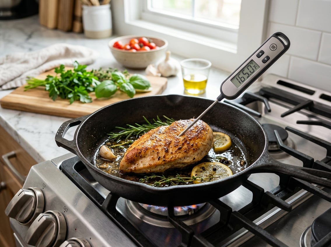Close-up of a cooked chicken breast on a stovetop with a digital thermometer inserted, surrounded by fresh herbs and lemon slices in a bright kitchen.