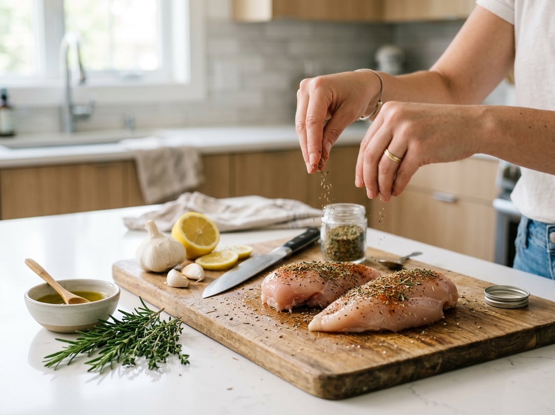 Hands seasoning raw chicken breasts on a cutting board with herbs and spices in a kitchen setting.