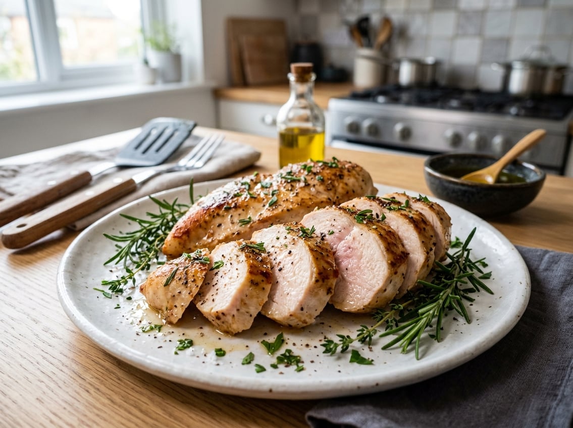 Close-up of sliced juicy chicken breasts on a white plate with fresh herbs in a bright kitchen.