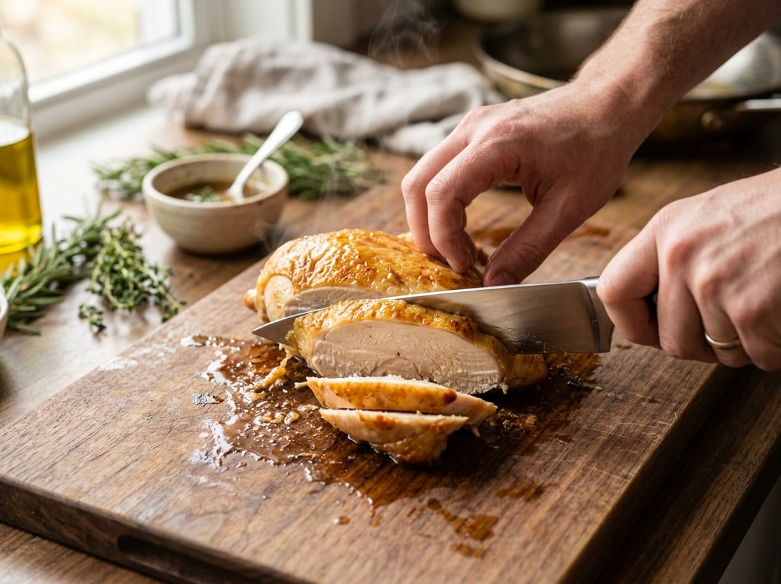 Close-up of a person slicing a juicy cooked chicken breast on a wooden cutting board in a kitchen.