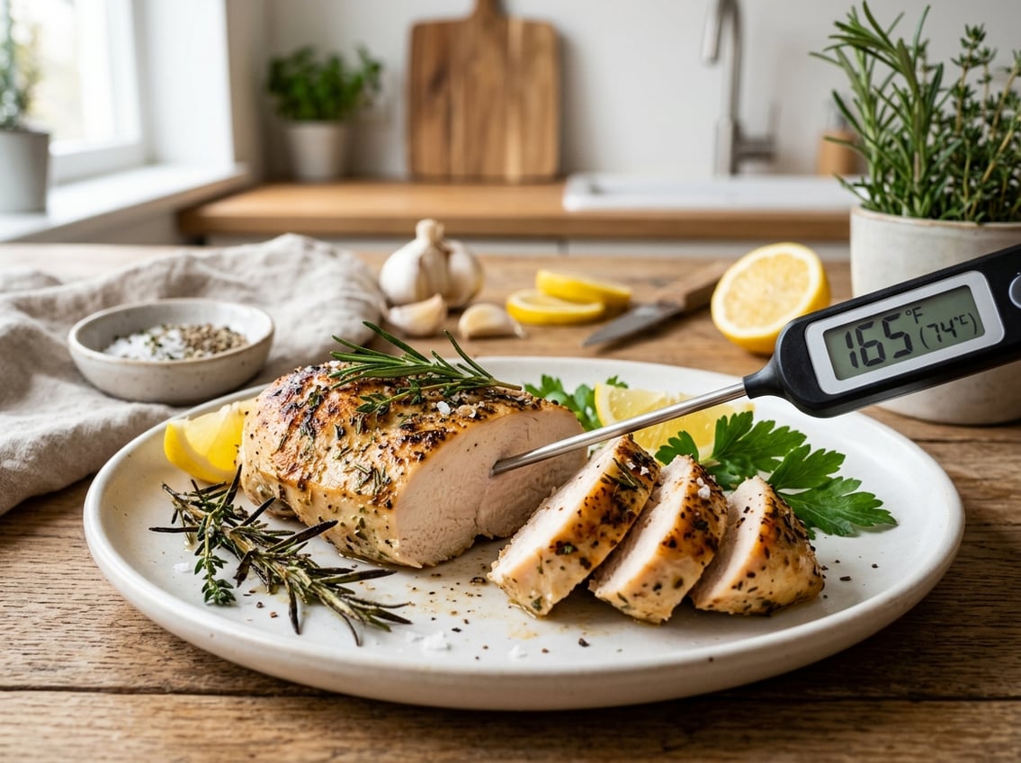 A sliced cooked chicken breast on a white plate with a meat thermometer showing a safe temperature, surrounded by fresh herbs and cooking ingredients.