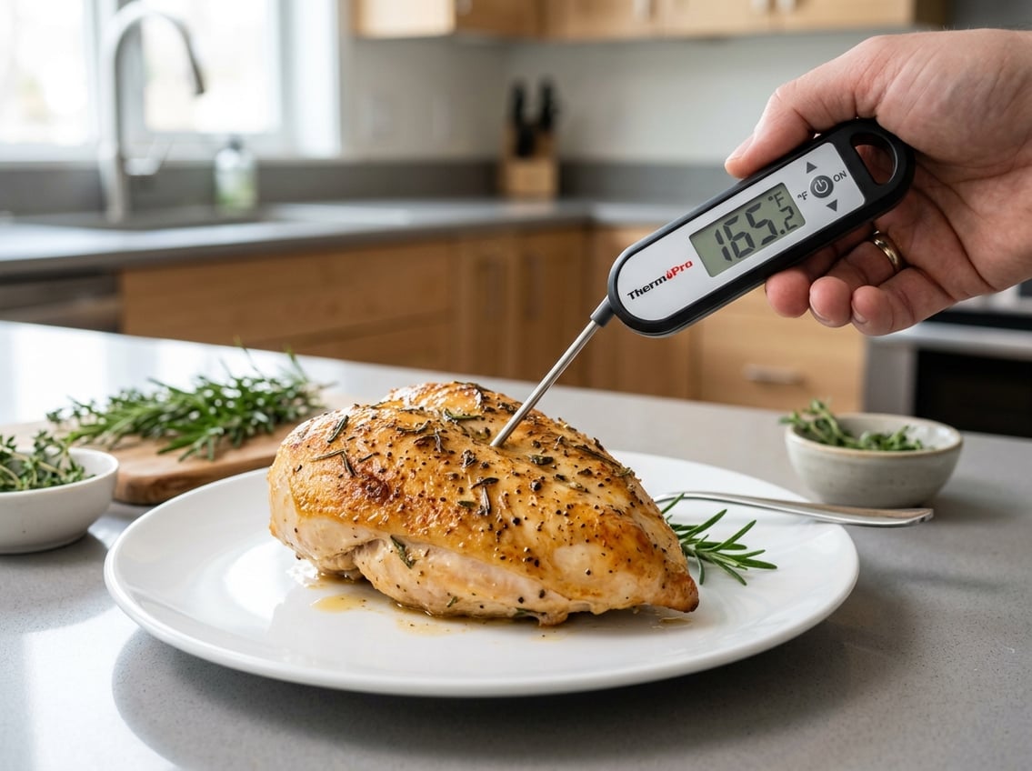 Close-up of a cooked chicken breast on a plate with a digital meat thermometer inserted to check its temperature in a kitchen setting.