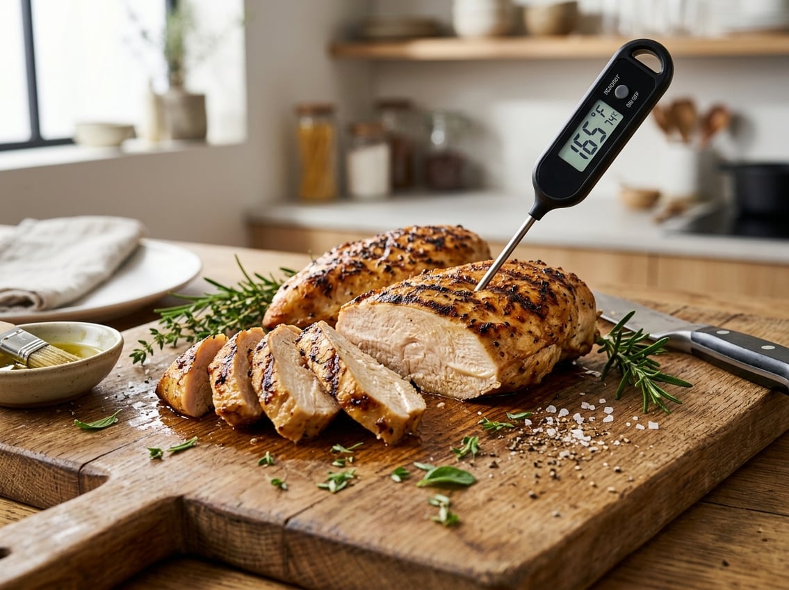 A sliced cooked chicken breast on a cutting board with a meat thermometer showing the temperature, surrounded by fresh herbs in a kitchen.