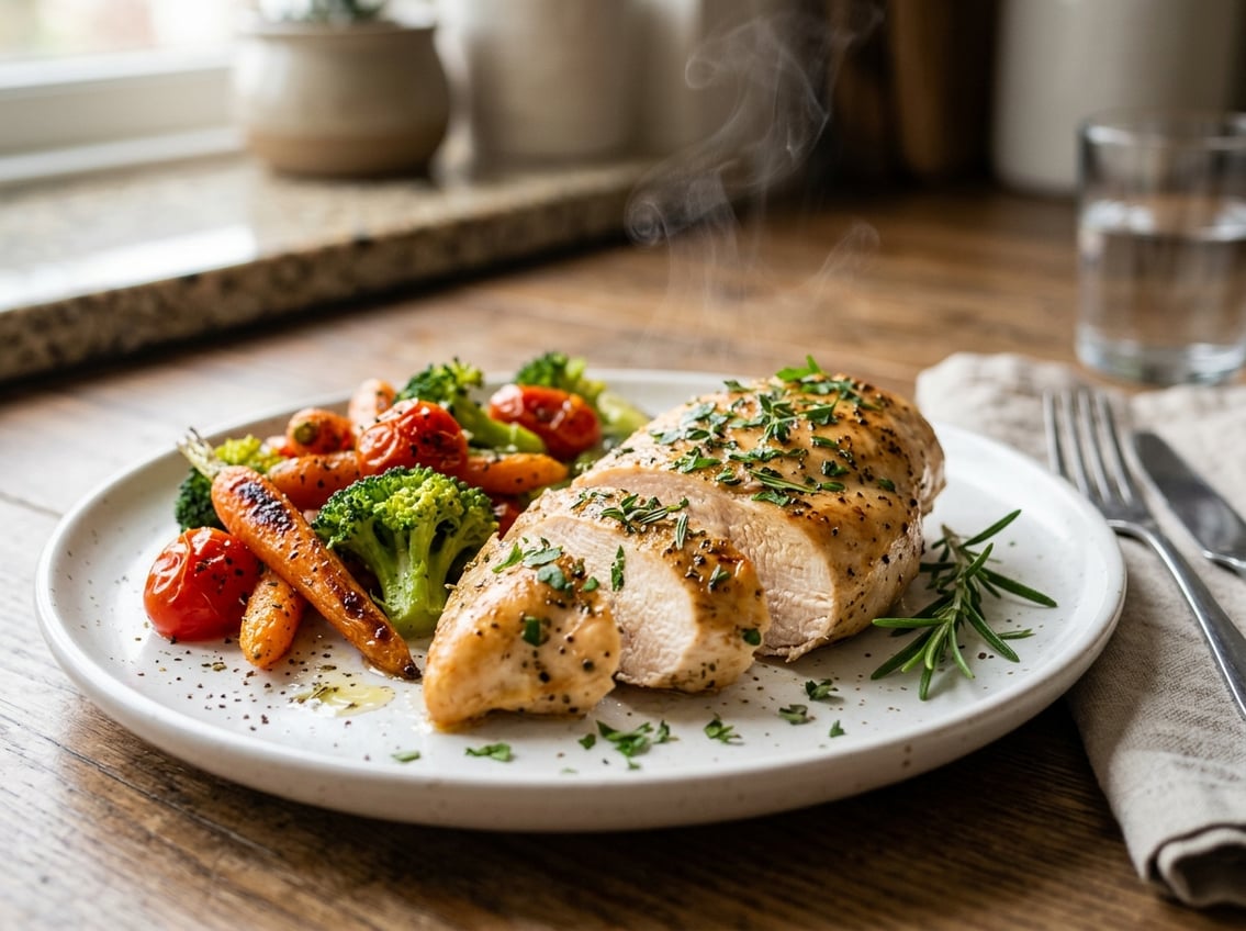 A juicy chicken breast on a white plate garnished with herbs and served with roasted vegetables on a kitchen counter.
