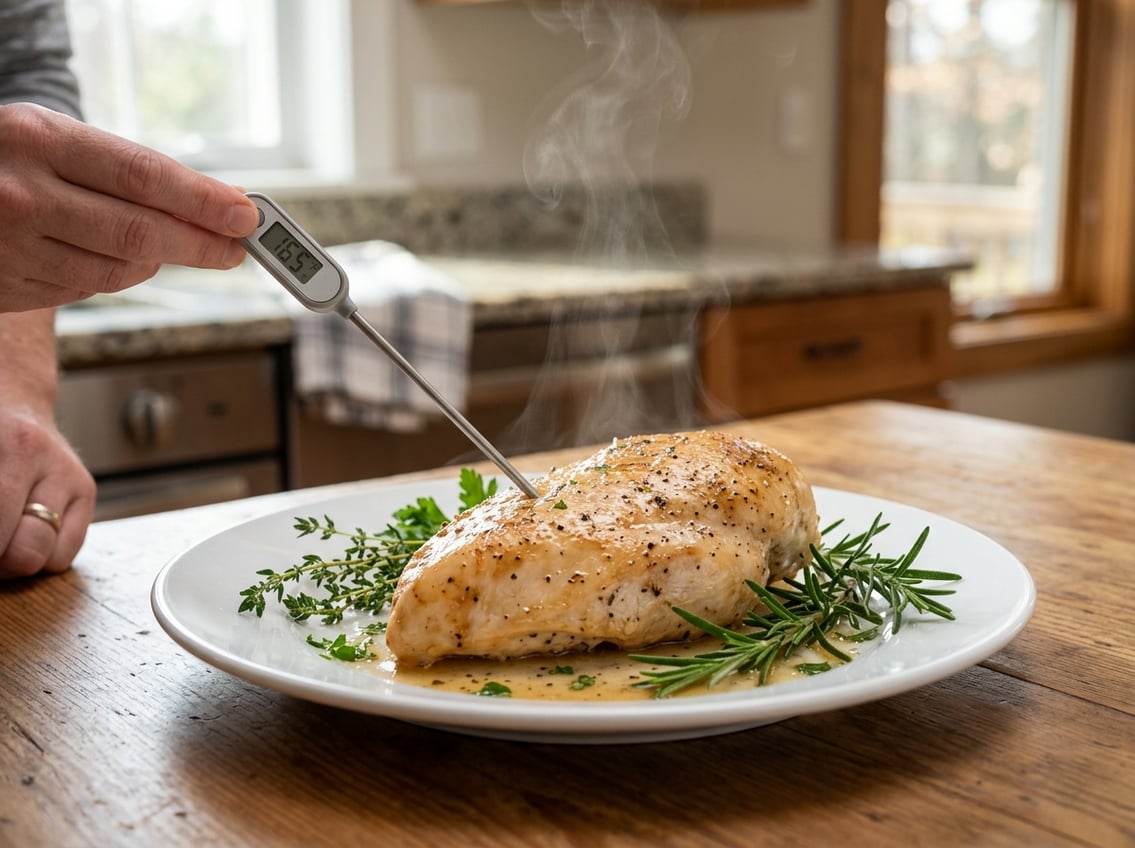 Close-up of a juicy chicken breast on a white plate with herbs and a food thermometer in a kitchen setting.