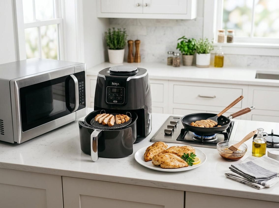 A kitchen countertop with chicken breast on a plate, a microwave, an air fryer, and a stovetop pan arranged for reheating.