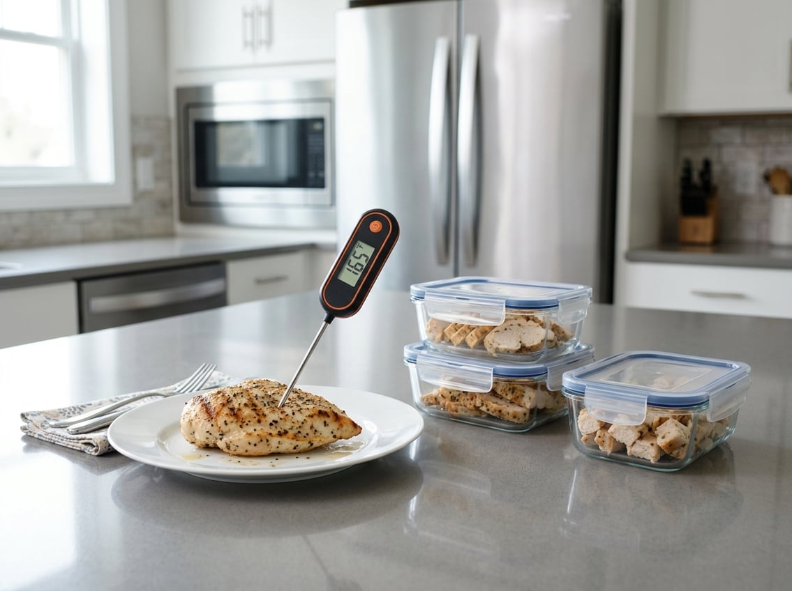 A cooked chicken breast on a plate with a food thermometer, glass storage containers with chicken, and kitchen appliances in the background.