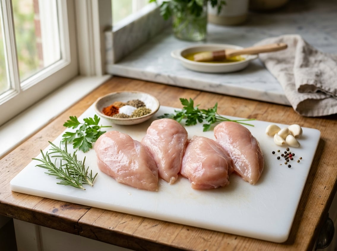 Fresh raw chicken breasts on a white cutting board with herbs and spices in a bright kitchen.