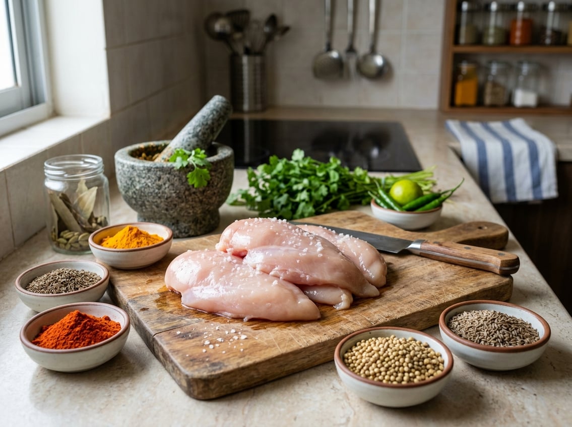 Fresh raw chicken breasts on a wooden cutting board surrounded by Indian spices and herbs in a kitchen setting.