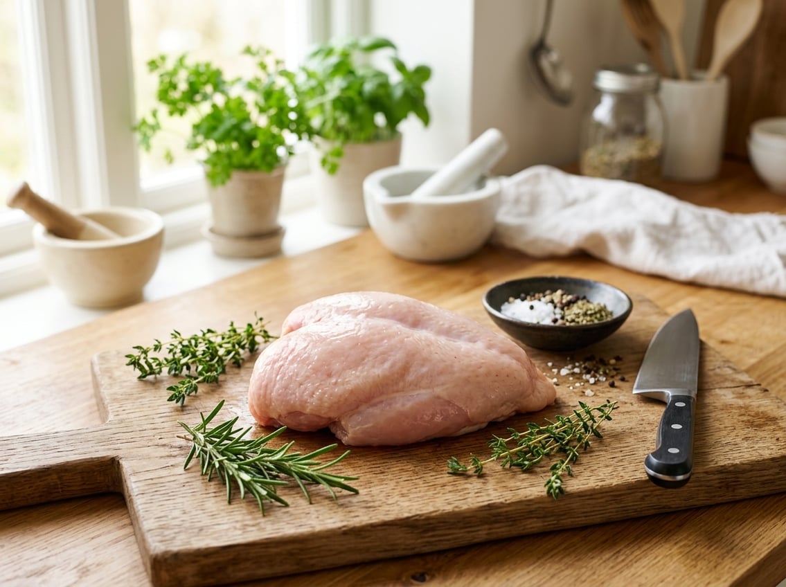 Fresh raw chicken breast on a wooden cutting board with herbs and a knife in a bright kitchen.