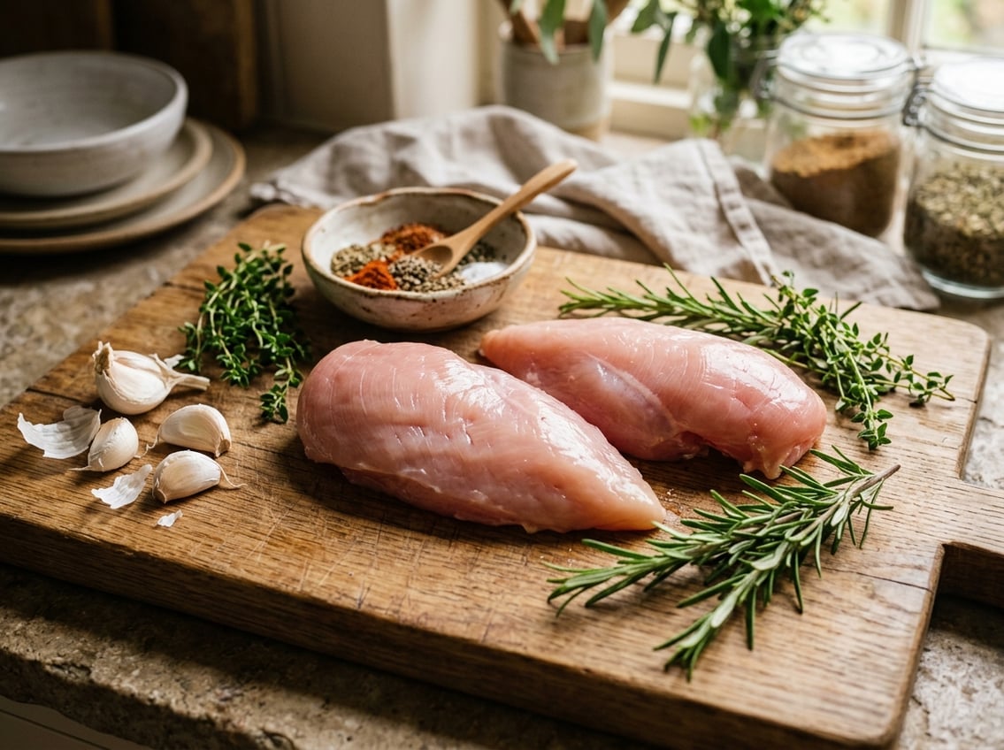Close-up of raw chicken breasts on a wooden cutting board with herbs, garlic, and spices around them.