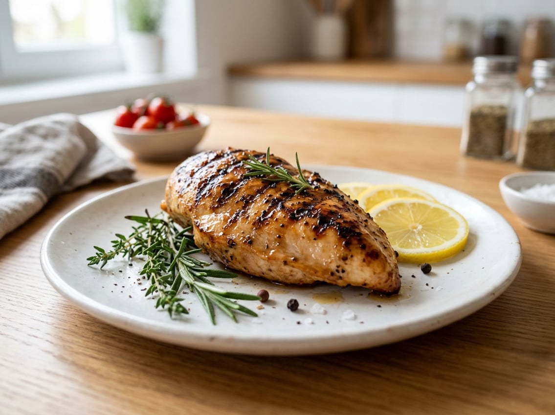 A cooked chicken breast on a white plate garnished with herbs and lemon slices on a kitchen countertop.