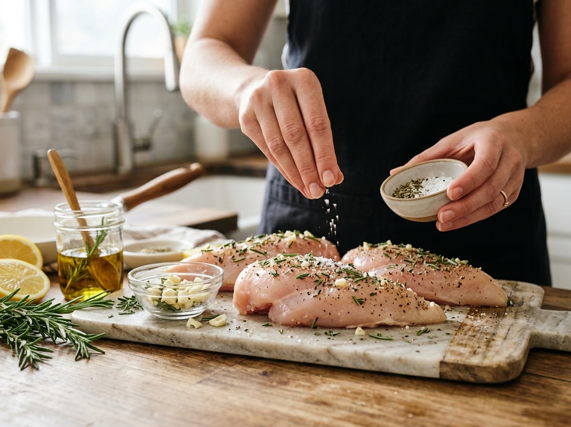 Hands seasoning raw chicken breasts on a kitchen countertop with fresh herbs, lemon slices, and garlic nearby.